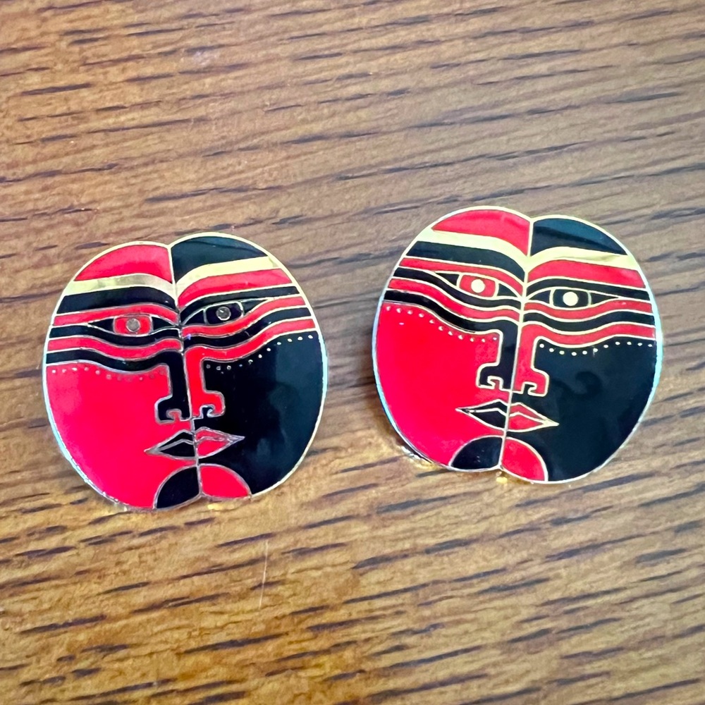 Vintage Laurel Burch Red and Black Moon God Post Earrings